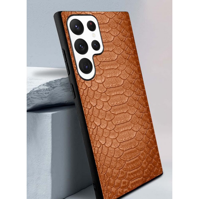Samsung Galaxy S23 Ultra Case Leather Case Cover Luxury Snake Skin Pattern Slim Shockproof Back Cover Brown