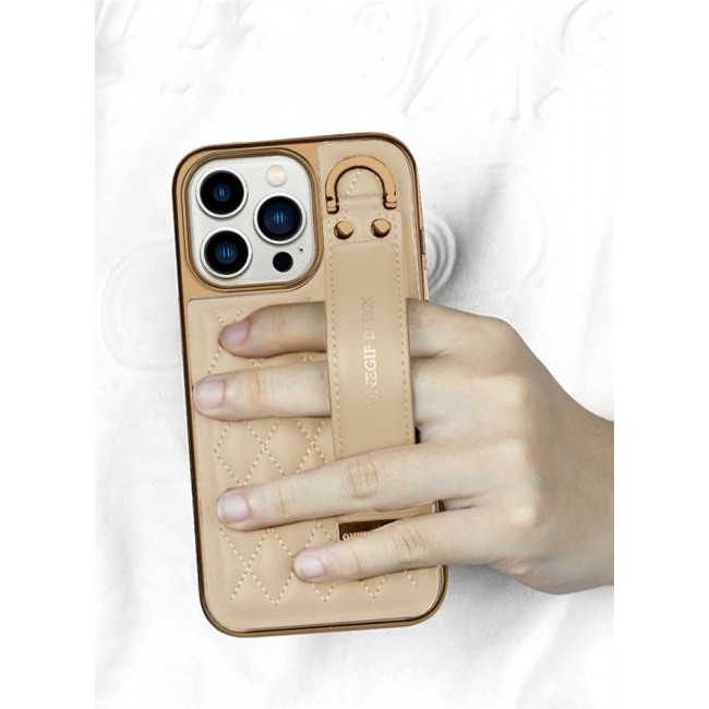 ONEGIF Design iPhone 14 Pro Case with Hand Strap Holder Shockproof Luxury Plating Wrist Strap Grip Cover Gold