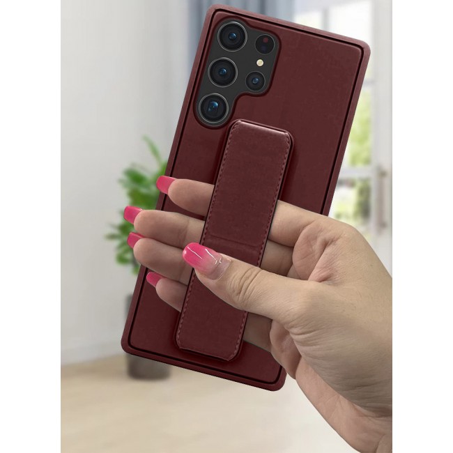 Samsung Galaxy S23 Ultra Grip Case Magnetic Kickstand Cover with Foldable Hand Strap Maroon