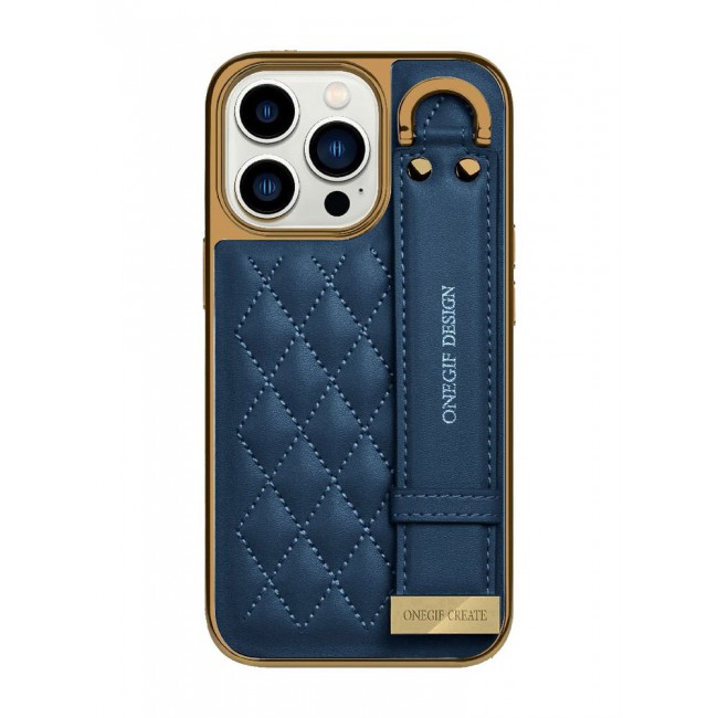 ONEGIF Design iPhone 14 Pro Case with Hand Strap Holder Shockproof Luxury Plating Wrist Strap Grip Cover Dark Blue