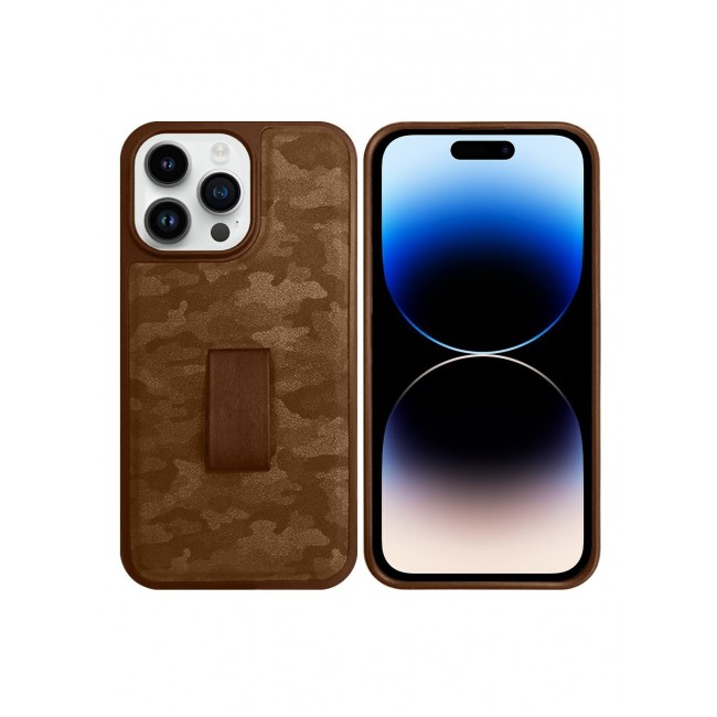 iPhone 14 Pro Case with Hand Strap Finger Loop Camouflage PU Leather Back Cover Brown