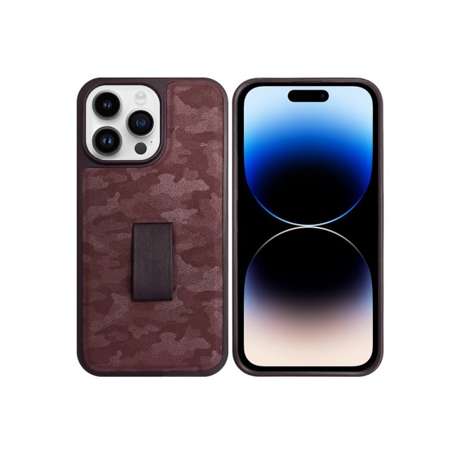 iPhone 14 Pro Case with Hand Strap Finger Loop Camouflage PU Leather Back Cover Maroon