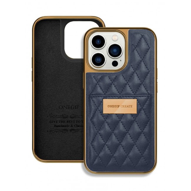 ONEGIF Design iPhone 14 Pro Case Premium Leather Case Cover with Card Slot Holder Dark Blue