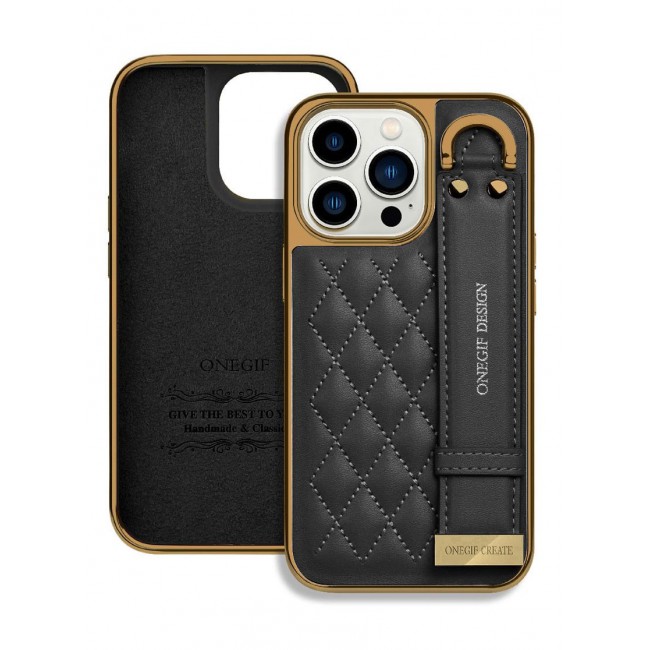 ONEGIF Design iPhone 14 Pro Case with Hand Strap Holder Shockproof Luxury Plating Wrist Strap Grip Cover Black