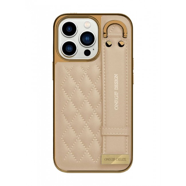 ONEGIF Design iPhone 14 Pro Case with Hand Strap Holder Shockproof Luxury Plating Wrist Strap Grip Cover Gold