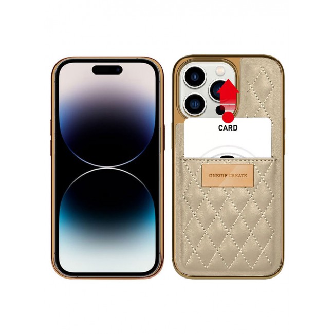 ONEGIF Design iPhone 14 Pro Case Premium Leather Case Cover with Card Slot Holder Gold