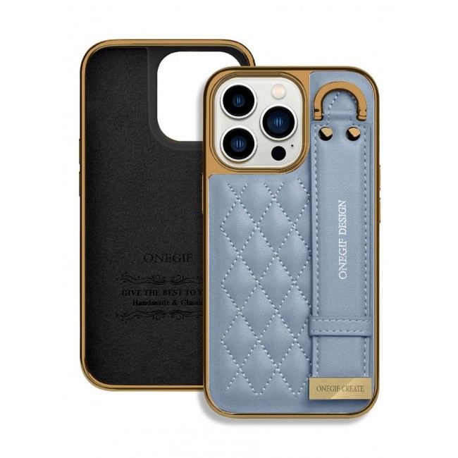 ONEGIF Design iPhone 14 Pro Case with Hand Strap Holder Shockproof Luxury Plating Wrist Strap Grip Cover Blue