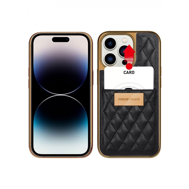 ONEGIF Design iPhone 14 Pro Case Premium Leather Case Cover with Card Slot Holder Black