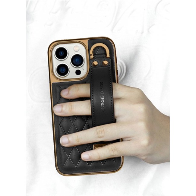 ONEGIF Design iPhone 14 Pro Case with Hand Strap Holder Shockproof Luxury Plating Wrist Strap Grip Cover Black