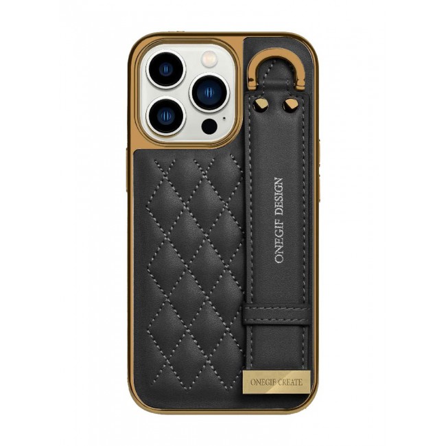ONEGIF Design iPhone 14 Pro Case with Hand Strap Holder Shockproof Luxury Plating Wrist Strap Grip Cover Black
