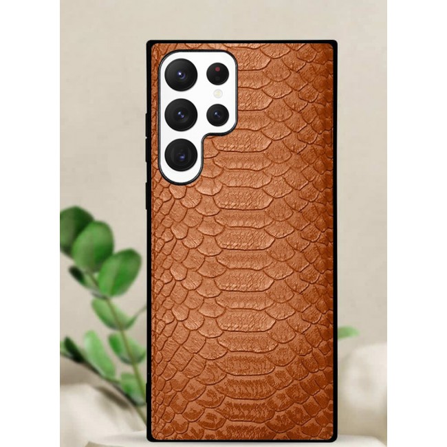 Samsung Galaxy S23 Ultra Case Leather Case Cover Luxury Snake Skin Pattern Slim Shockproof Back Cover Brown