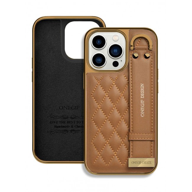 ONEGIF Design iPhone 14 Pro Case with Hand Strap Holder Shockproof Luxury Plating Wrist Strap Grip Cover Brown