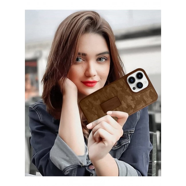 iPhone 14 Pro Case with Hand Strap Finger Loop Camouflage PU Leather Back Cover Brown