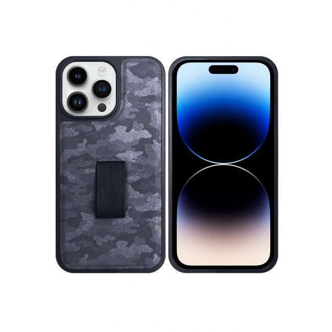 iPhone 14 Pro Case with Hand Strap Finger Loop Camouflage PU Leather Back Cover Grey