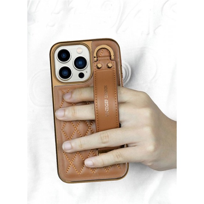 ONEGIF Design iPhone 14 Pro Case with Hand Strap Holder Shockproof Luxury Plating Wrist Strap Grip Cover Brown