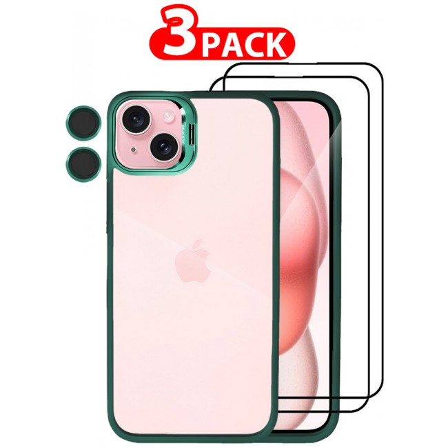 CATANES 3 Pack iPhone 15 Plus Case Cover and Lens Protector and 2 Screen Protectors Built-in Camera Stand and Compatible with MagSafe Full Body Shockproof Case Clear Green