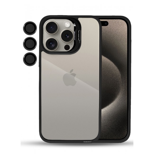 CATANES iPhone 15 Pro Case Cover and Lens Protector Built-in Camera Stand and Compatible with MagSafe Full Body Shockproof Case Clear Black