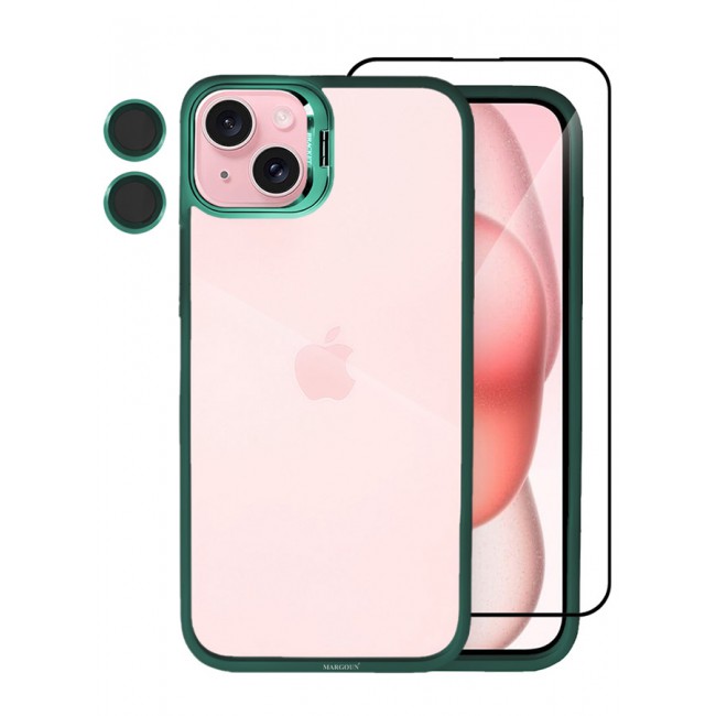 CATANES 2 Pack iPhone 15 Plus Case Cover and Lens Protector and Screen Protector Built-in Camera Stand and Compatible with MagSafe Full Body Shockproof Case Clear Green