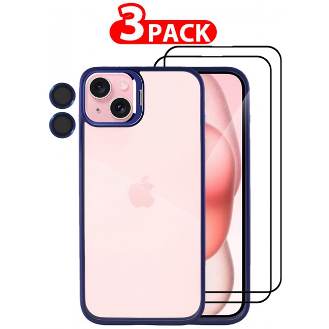 MARGOUN 3 Pack iPhone 15 Plus Case Cover and Lens Protector and 2 Screen Protectors Built-in Camera Stand and Compatible with MagSafe Full Body Shockproof Case Clear Blue