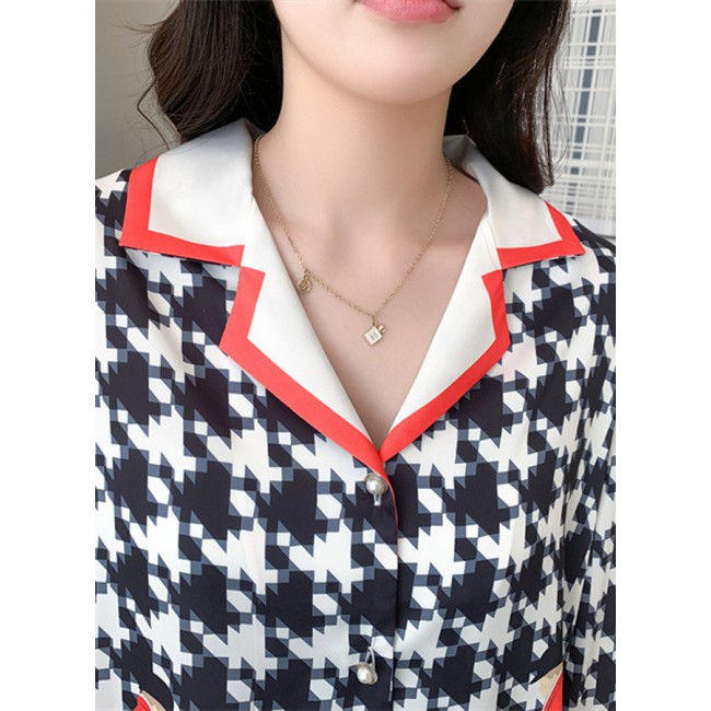 MARGOUN XXL Size High Quality Women's Silk Pajamas Satin Long Sleeve Pants Set Plaid Print Cardigan Lapel Home Clothes MG15