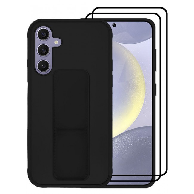 CATANES 3 Packs For Samsung Galaxy S24 Plus Case and 2 Screen Protectors Magnetic Stand and Holder Premium Silicone Vertical and Horizontal Hand Strap Grip Multi Stand Cover Black
