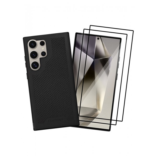 CATANES 3 Pack For Samsung Galaxy S24 Ultra Case and 2 Screen Protectors Anti-slip Textured Design Scratch Resistant Shock Absorbing Case Cover Black
